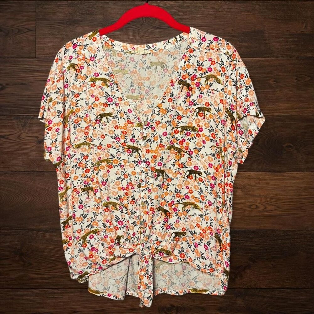 Jane + Delancey Leopard Floral Tie Front Rayon Blouse Novelty Print Womens M